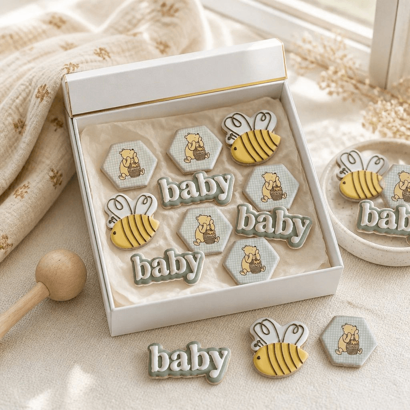Winnie the Pooh themed baby shower cookies with honey pot and bee details