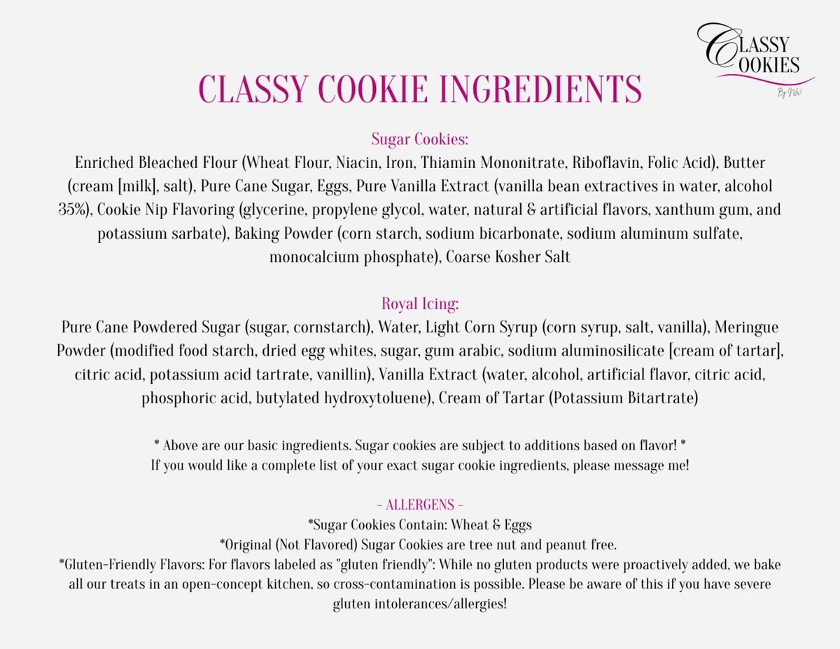 Close-up of Classy Cookies ingredients and decorated sugar cookies