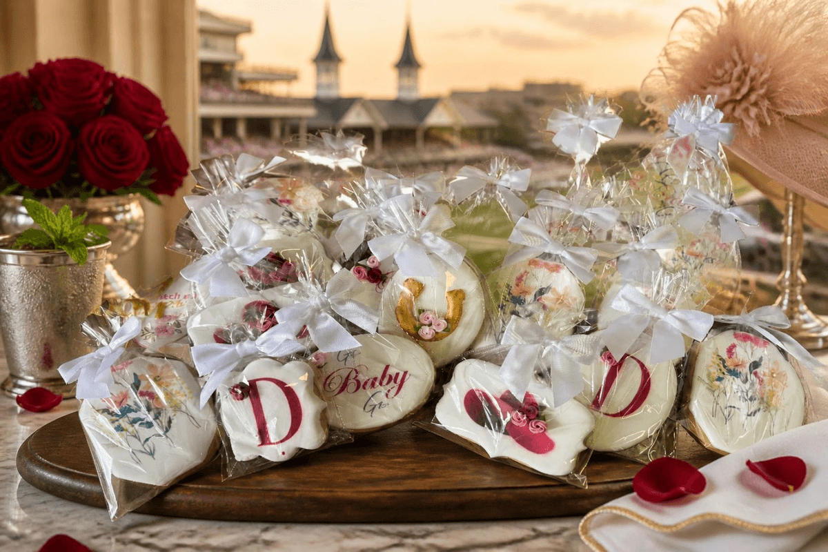 Kentucky Derby baby shower cookies with horseshoes, roses and hats
