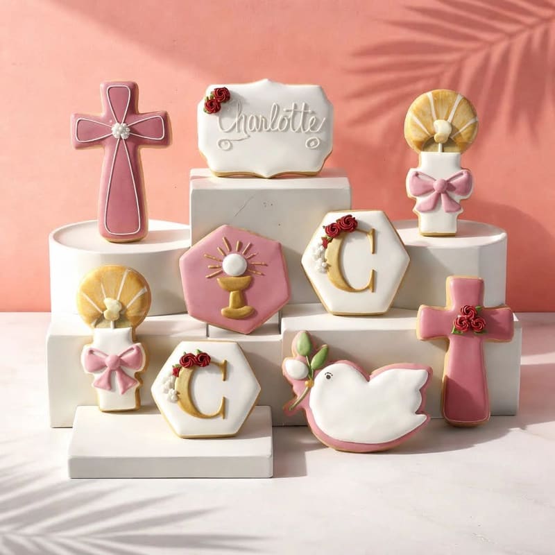 Gold and white First Communion cookies with cross detail
