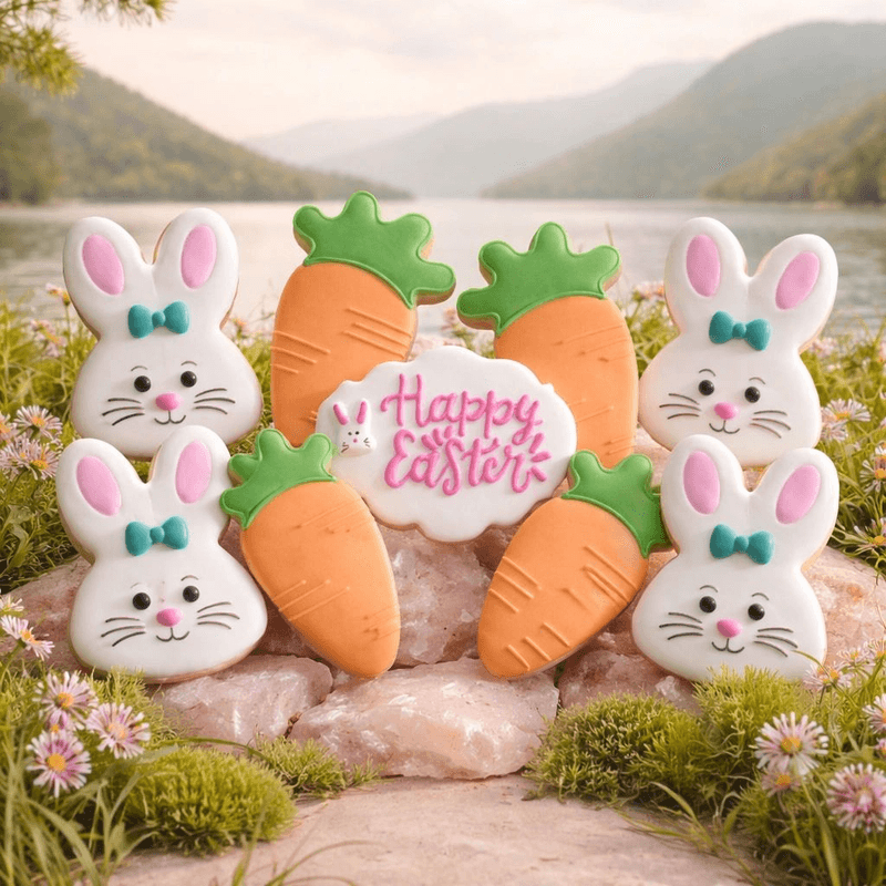 Springtime Easter cookies with bunnies, eggs and pastel patterns