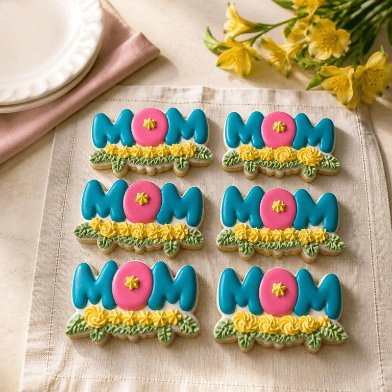 Mother's Day cookies with flowers, hearts and script lettering