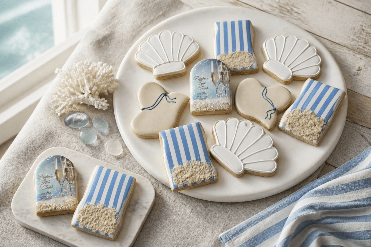 Nautical bachelorette cookies reading "Last Toast on the Coast" in blush and gold