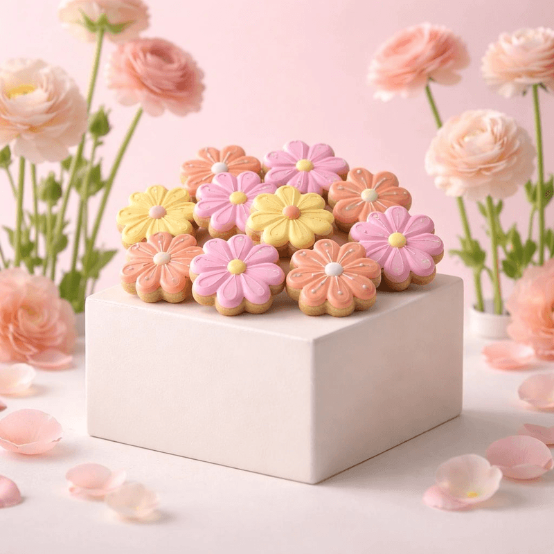 Assorted pastel flower cookies with layered royal icing petals
