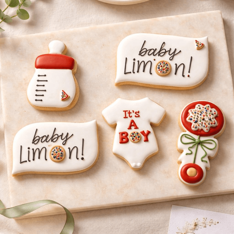 Playful "a little slice is on the way" pizza-themed baby shower cookies