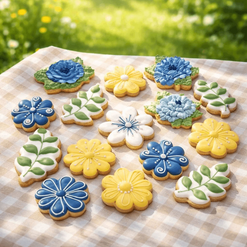 Delicate floral sugar cookies piped with royal icing blossoms