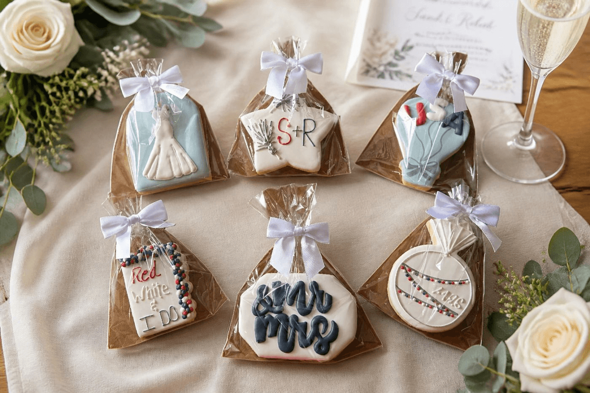 Red and white "I Do BBQ" wedding shower cookies with hearts and lettering