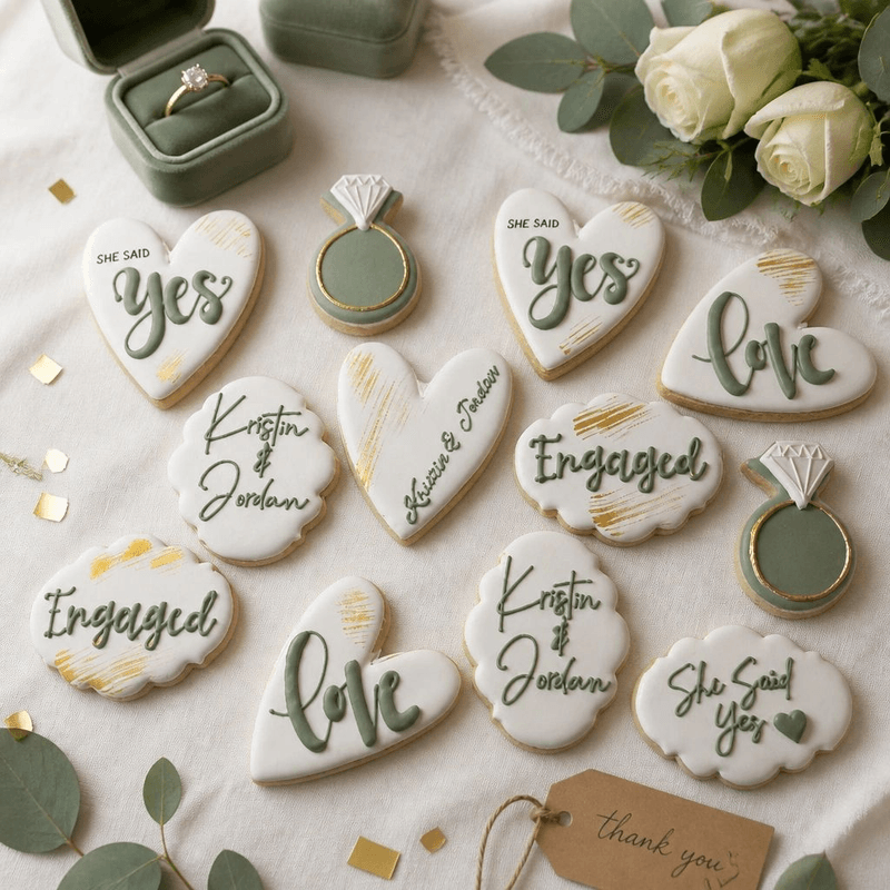 Engagement cookies with a diamond ring and 'She Said Yes' script