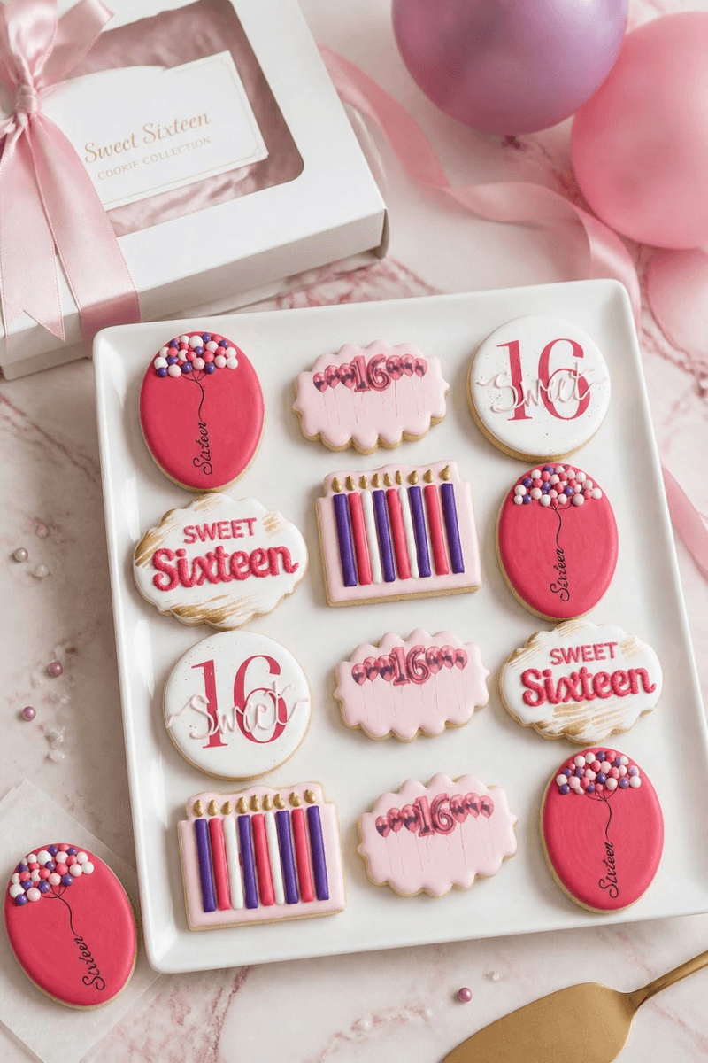 Elegant Sweet 16 birthday cookies with pink icing