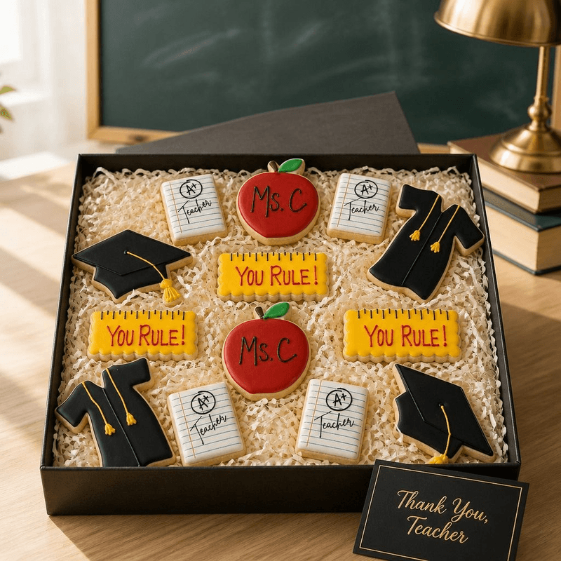 Teacher appreciation cookies with apples, pencils and thank-you lettering